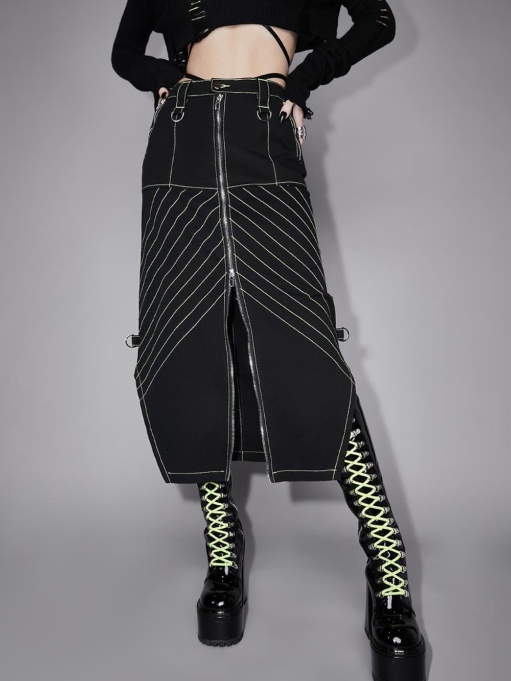 Dolls Kill Black Midi Skirt with Neon Lime Topstitch & Front Zip